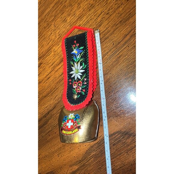 Vintage Cow Bell Embroidered Strap Switzerland Decorative Brass Swiss - Picture 5 of 5